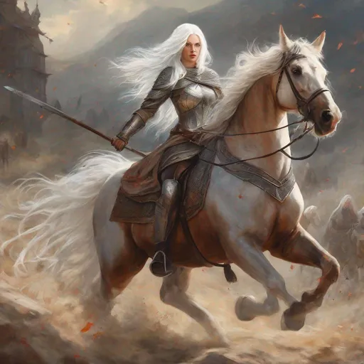 Prompt: beautiful 20 year old women with white hair, white eyebrows, light skin, realistic, ultrarealistic, high quality art, bright eyes, long hair, beauty, real, long hair, symmetrical, anime wide eyes, fair, delicate, medieval, assassin, rouge, riding a horse into a battle