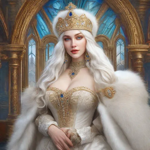 Prompt: beautiful 20 year old women with white hair, white eyebrows, light skin, realistic, ultrarealistic, high quality art, bright eyes, long hair, beauty, real, long hair, symmetrical, anime wide eyes, fair, delicate, medieval, wearing a big fur coat and a fur hat, royal