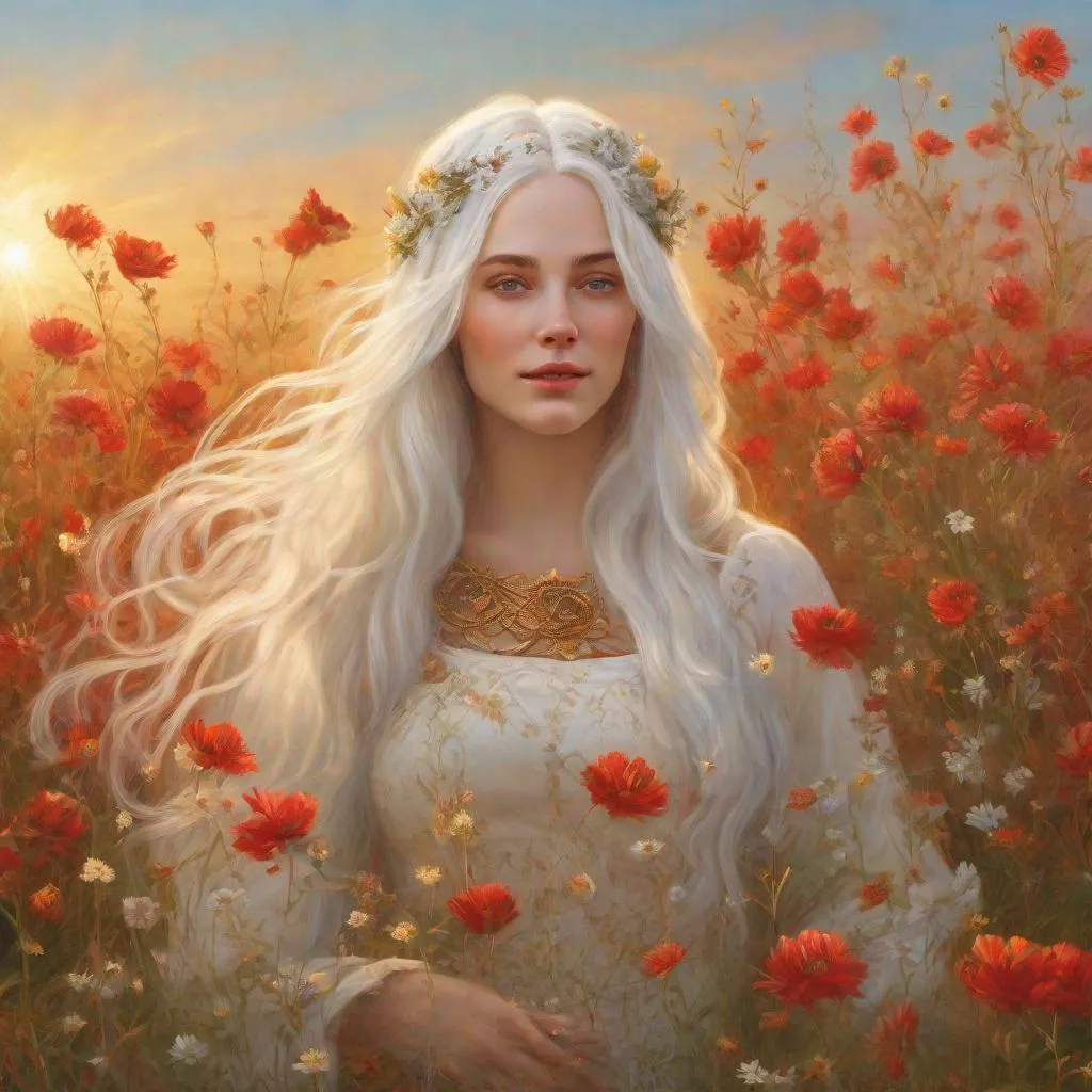 Prompt: beautiful 20 year old women with white hair, white eyebrows, light skin, realistic, ultrarealistic, high quality art, bright eyes, long hair, beauty, real, long hair, symmetrical, anime wide eyes, fair, delicate, medieval, happy, running on a meadow, golden hour, flowers in her hair, red