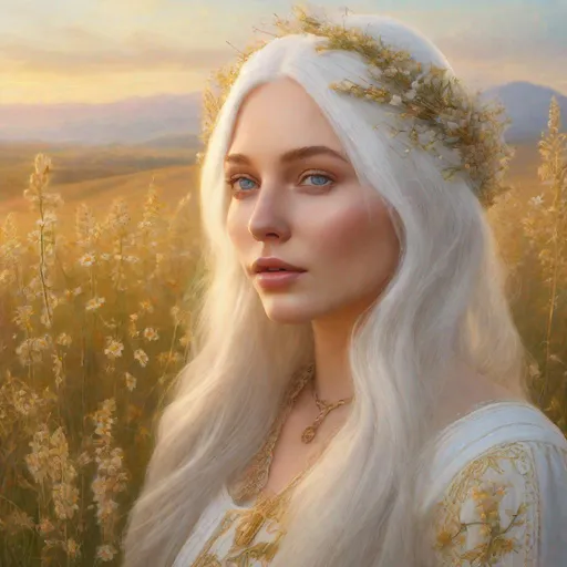 Prompt: beautiful 20 year old women with white hair, white eyebrows, light skin, realistic, ultrarealistic, high quality art, bright eyes, long hair, beauty, real, long hair, symmetrical, anime wide eyes, fair, delicate, medieval, happy, on a meadow, golden hour