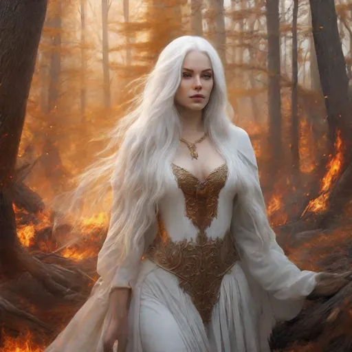 Prompt: beautiful 20 year old women with white hair, white eyebrows, light skin, realistic, ultrarealistic, high quality art, bright eyes, long hair, beauty, real, long hair, symmetrical, anime wide eyes, fair, delicate, standing in a burning forest, medieval, royal, assassin