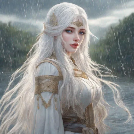 Prompt: beautiful 20 year old women with white hair, white eyebrows, light skin, realistic, ultrarealistic, high quality art, bright eyes, long hair, beauty, real, long hair, symmetrical, anime wide eyes, fair, delicate, medieval, standing in a rain
