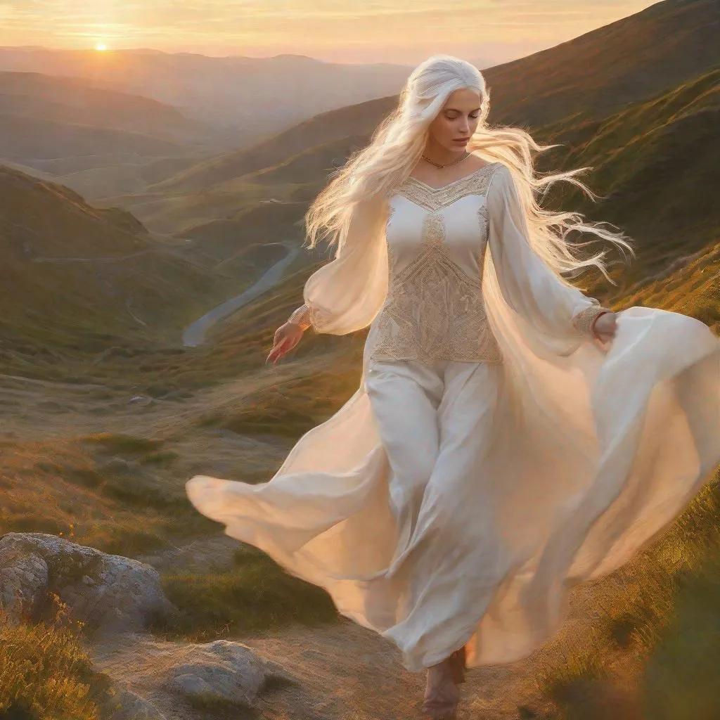 Prompt: beautiful 20 year old women with white hair, white eyebrows, light skin, realistic, ultrarealistic, high quality art, bright eyes, long hair, beauty, real, long hair, symmetrical, anime wide eyes, fair, delicate, medieval, running up a hill at golden hour