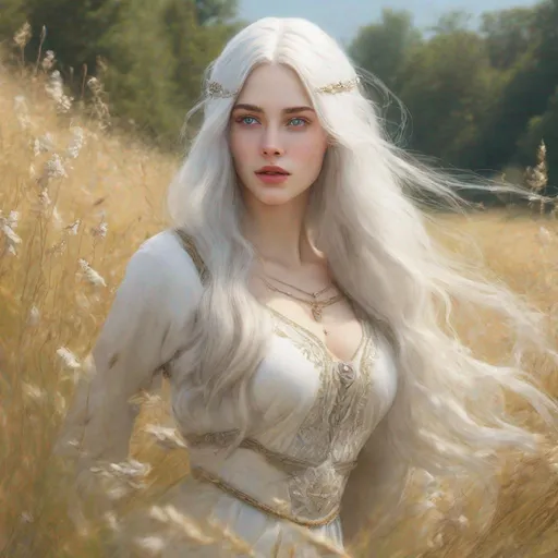 Prompt: beautiful 20 year old women with white hair, white eyebrows, light skin, realistic, ultrarealistic, high quality art, bright eyes, long hair, beauty, real, long hair, symmetrical, anime wide eyes, fair, delicate, medieval, running in a field