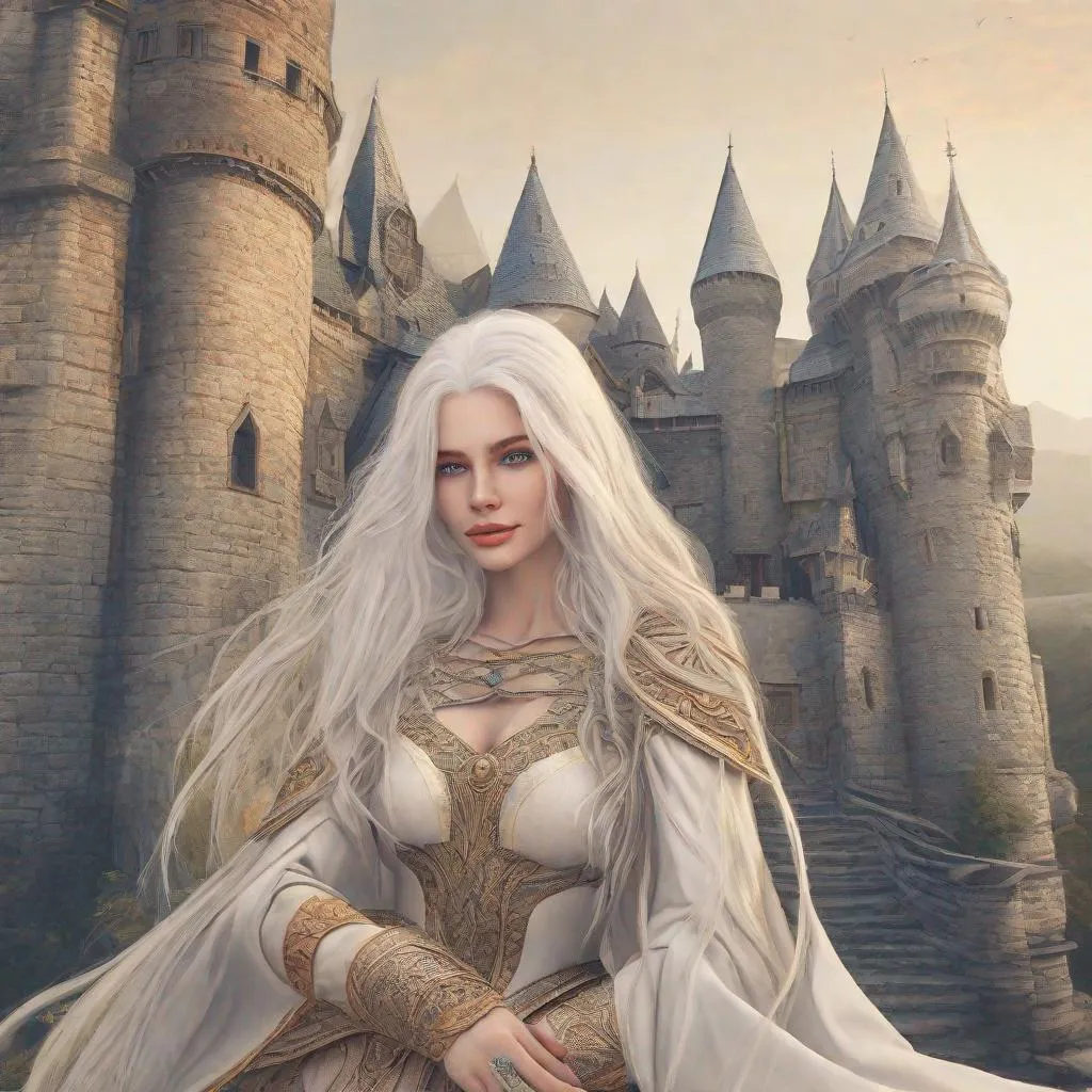 Prompt: beautiful 20 year old women with white hair, white eyebrows, light skin, realistic, ultrarealistic, high quality art, bright eyes, long hair, beauty, real, long hair, symmetrical, anime wide eyes, fair, delicate, medieval, happy with her dark-haired viking-lover, behind them castle