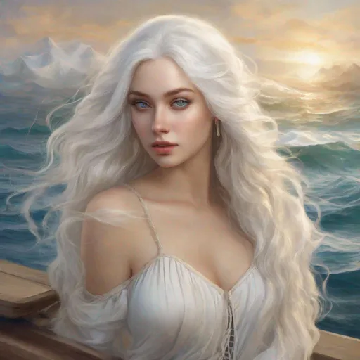 Prompt: beautiful 20 year old women with white hair, white eyebrows, light skin, realistic, ultrarealistic, high quality art, bright eyes, long hair, beauty, real, long hair, symmetrical, anime wide eyes, fair, delicate, on the sea, medivial