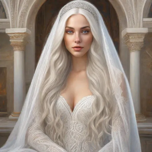 Prompt: beautiful 20 year old women with white hair, white eyebrows, light skin, realistic, ultrarealistic, high quality art, bright eyes, long hair, beauty, real, long hair, symmetrical, anime wide eyes, fair, delicate, medieval, getting married, in a white long dress and a wedding veil 