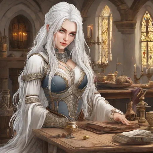 Prompt: beautiful 20 year old women with white hair, white eyebrows, light skin, realistic, ultrarealistic, high quality art, bright eyes, long hair, beauty, real, long hair, symmetrical, anime wide eyes, fair, delicate, medieval, standing behind a table preparing to war