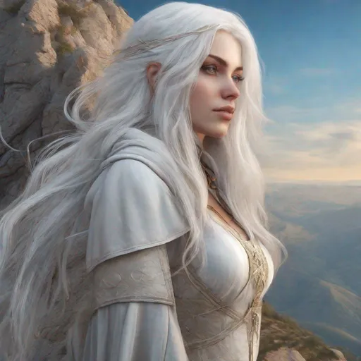 Prompt: beautiful 20 year old women with white hair, white eyebrows, light skin, realistic, ultrarealistic, high quality art, bright eyes, long hair, beauty, real, long hair, symmetrical, anime wide eyes, fair, delicate, medieval, assassin, rouge, standing on the top of a mountain