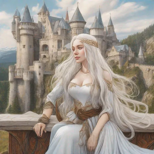 Prompt: beautiful 20 year old women with white hair, white eyebrows, light skin, realistic, ultrarealistic, high quality art, bright eyes, long hair, beauty, real, long hair, symmetrical, anime wide eyes, fair, delicate, medieval, happy with her viking-lover, behind them castle