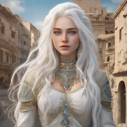 Prompt: beautiful 20 year old women with white hair, white eyebrows, light skin, realistic, ultrarealistic, high quality art, bright eyes, long hair, beauty, real, long hair, symmetrical, anime wide eyes, fair, delicate, medieval, standing on a busy street of an ancient city, royal