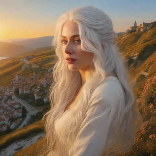 Prompt: beautiful 20 year old women with white hair, white eyebrows, light skin, realistic, ultrarealistic, high quality art, bright eyes, long hair, beauty, real, long hair, symmetrical, anime wide eyes, fair, delicate, medieval, running up a hill at golden hour