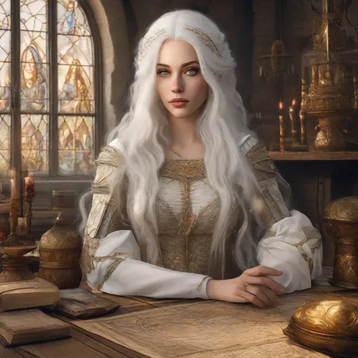Prompt: beautiful 20 year old women with white hair, white eyebrows, light skin, realistic, ultrarealistic, high quality art, bright eyes, long hair, beauty, real, long hair, symmetrical, anime wide eyes, fair, delicate, medieval, standing behind a table planning a war