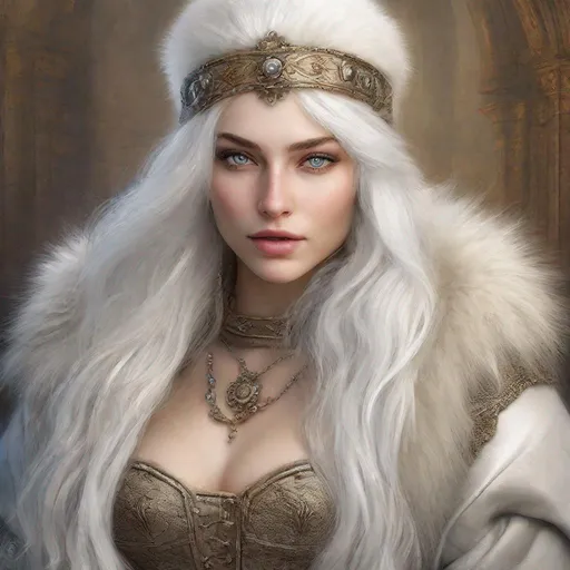 Prompt: beautiful 20 year old women with white hair, white eyebrows, light skin, realistic, ultrarealistic, high quality art, bright eyes, long hair, beauty, real, long hair, symmetrical, anime wide eyes, fair, delicate, medieval, wearing a big fur coat and a fur hat, assassin, rogue