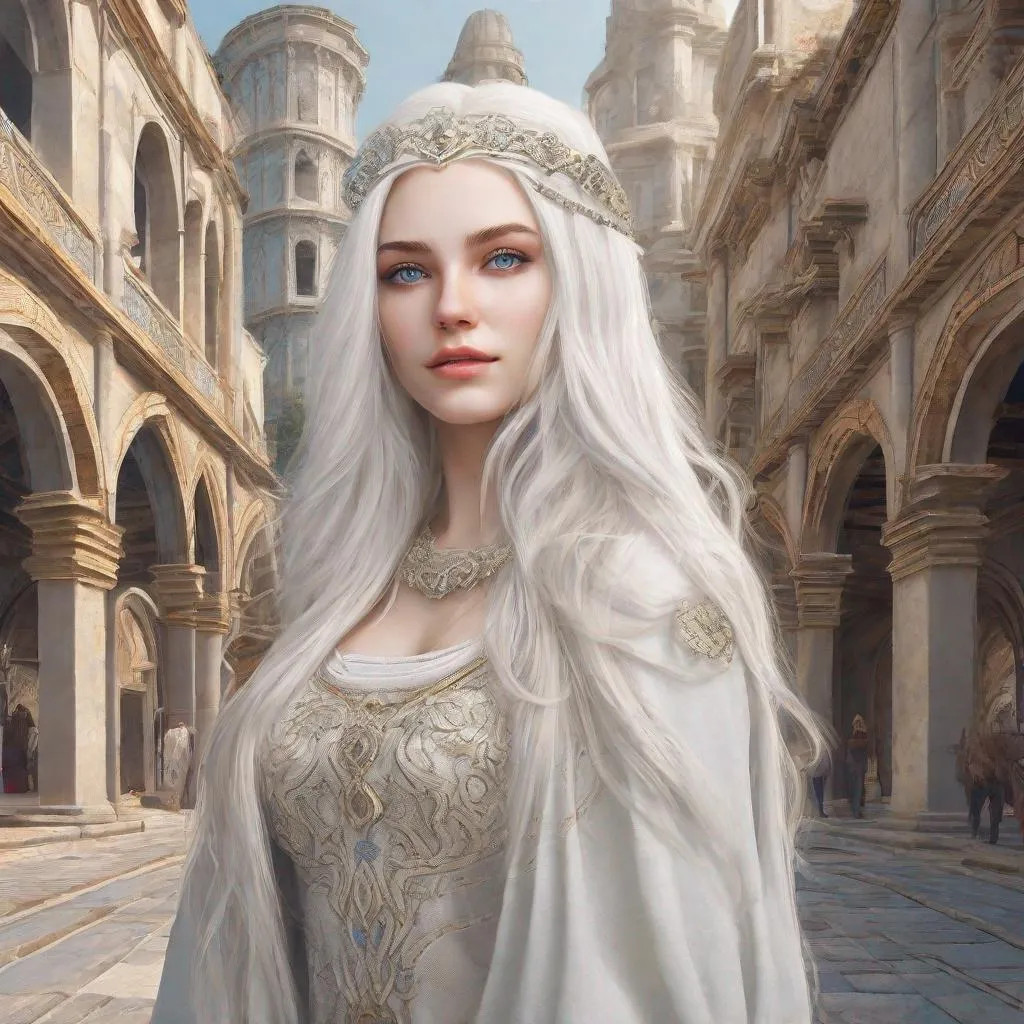 Prompt: beautiful 20 year old women with white hair, white eyebrows, light skin, realistic, ultrarealistic, high quality art, bright eyes, long hair, beauty, real, long hair, symmetrical, anime wide eyes, fair, delicate, medieval, standing on a busy street of an ancient city, royal