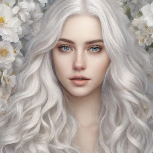 Prompt: beautiful 20 year old women with white hair, white eyebrowns, light skin, realistic, ultrarealistic, high quality art, bright eyes, long hair, beauty, real, fair, delicate, long hair, symmetrical, anime wide eyes