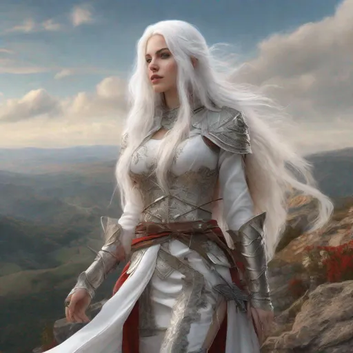 Prompt: beautiful 20 year old women with white hair, white eyebrows, light skin, realistic, ultrarealistic, high quality art, bright eyes, long hair, beauty, real, long hair, symmetrical, anime wide eyes, fair, delicate, medieval, assassin, rouge, standing on the top of a mountain