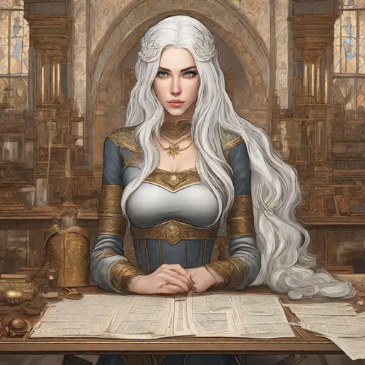 Prompt: beautiful 20 year old women with white hair, white eyebrows, light skin, realistic, ultrarealistic, high quality art, bright eyes, long hair, beauty, real, long hair, symmetrical, anime wide eyes, fair, delicate, medieval, standing behind a table planning a war