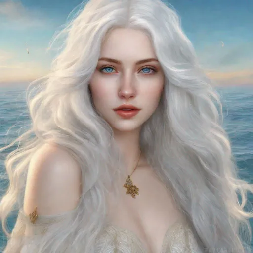 Prompt: beautiful 20 year old women with white hair, white eyebrows, light skin, realistic, ultrarealistic, high quality art, bright eyes, long hair, beauty, real, long hair, symmetrical, anime wide eyes, fair, delicate, on the sea, medivial