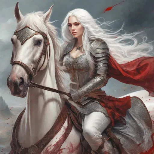 Prompt: beautiful 20 year old women with white hair, white eyebrows, light skin, realistic, ultrarealistic, high quality art, bright eyes, long hair, beauty, real, long hair, symmetrical, anime wide eyes, fair, delicate, medieval, riding a horse into a battle, covered in blood