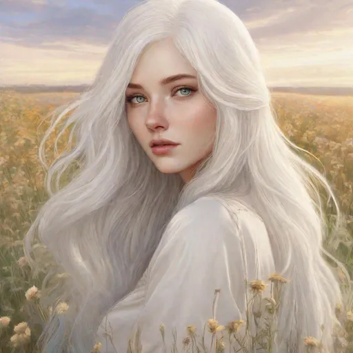 Prompt: beautiful 20 year old women with white hair, white eyebrows, light skin, realistic, ultrarealistic, high quality art, bright eyes, long hair, beauty, real, long hair, symmetrical, anime wide eyes, fair, delicate, standing in a field, medivial