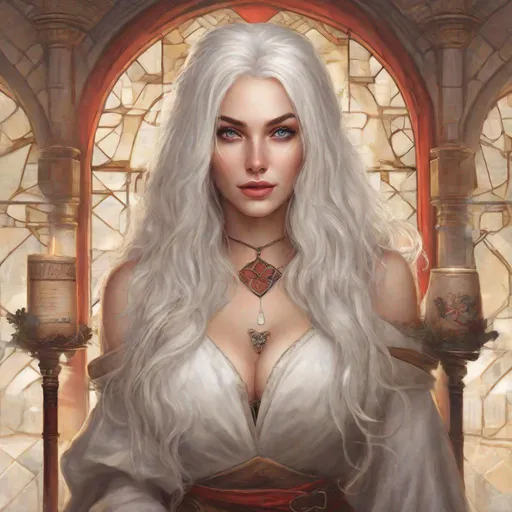 Prompt: beautiful 20 year old women with white hair, white eyebrows, light skin, realistic, ultrarealistic, high quality art, bright eyes, long hair, beauty, real, long hair, symmetrical, anime wide eyes, fair, delicate, medieval, assassin, rouge, in a tavern 