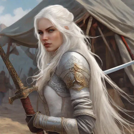 Prompt: beautiful 20 year old women with white hair, white eyebrows, light skin, realistic, ultrarealistic, high quality art, bright eyes, long hair, beauty, real, long hair, symmetrical, anime wide eyes, fair, delicate, medieval, assassin, rouge, two swords behind her back, royal, in a camp