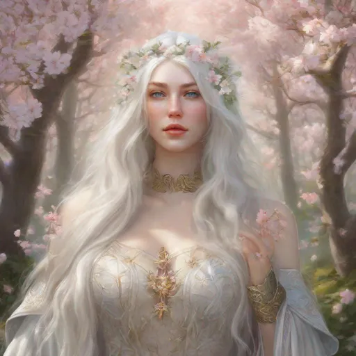 Prompt: beautiful 20 year old women with white hair, white eyebrows, light skin, realistic, ultrarealistic, high quality art, bright eyes, long hair, beauty, real, long hair, symmetrical, anime wide eyes, fair, delicate, standing in a blossom forest, medieval