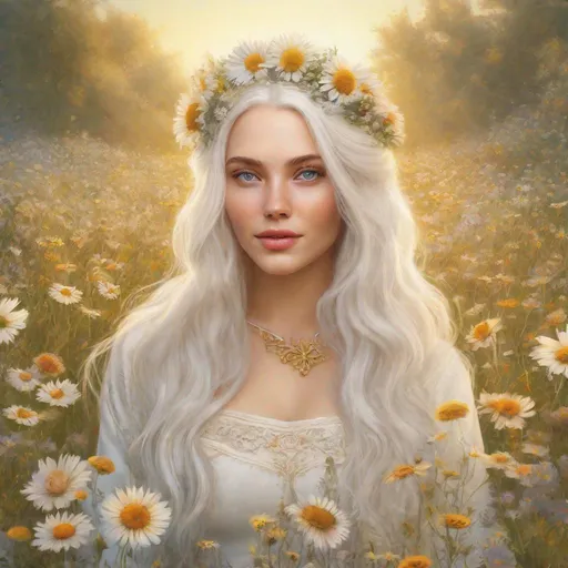 Prompt: beautiful 20 year old women with white hair, white eyebrows, light skin, realistic, ultrarealistic, high quality art, bright eyes, long hair, beauty, real, long hair, symmetrical, anime wide eyes, fair, delicate, medieval, happy, on a meadow, golden hour, flowers in her hair