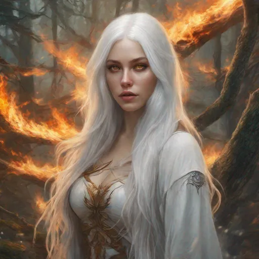 Prompt: beautiful 20 year old women with white hair, white eyebrows, light skin, realistic, ultrarealistic, high quality art, bright eyes, long hair, beauty, real, long hair, symmetrical, anime wide eyes, assasin, fair, delicate, standing in burning forest