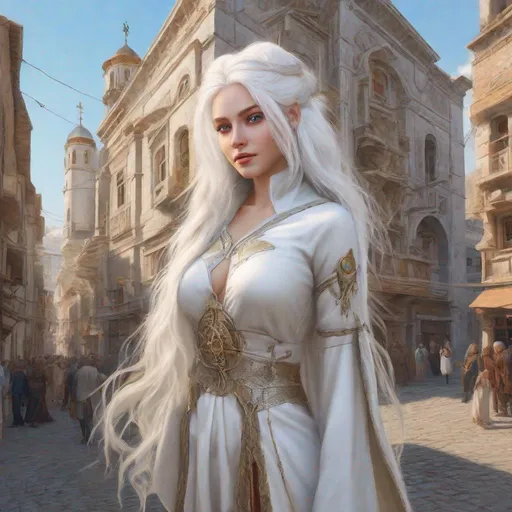 Prompt: beautiful 20 year old women with white hair, white eyebrows, light skin, realistic, ultrarealistic, high quality art, bright eyes, long hair, beauty, real, long hair, symmetrical, anime wide eyes, fair, delicate, medieval, standing on a busy street of an ancient city