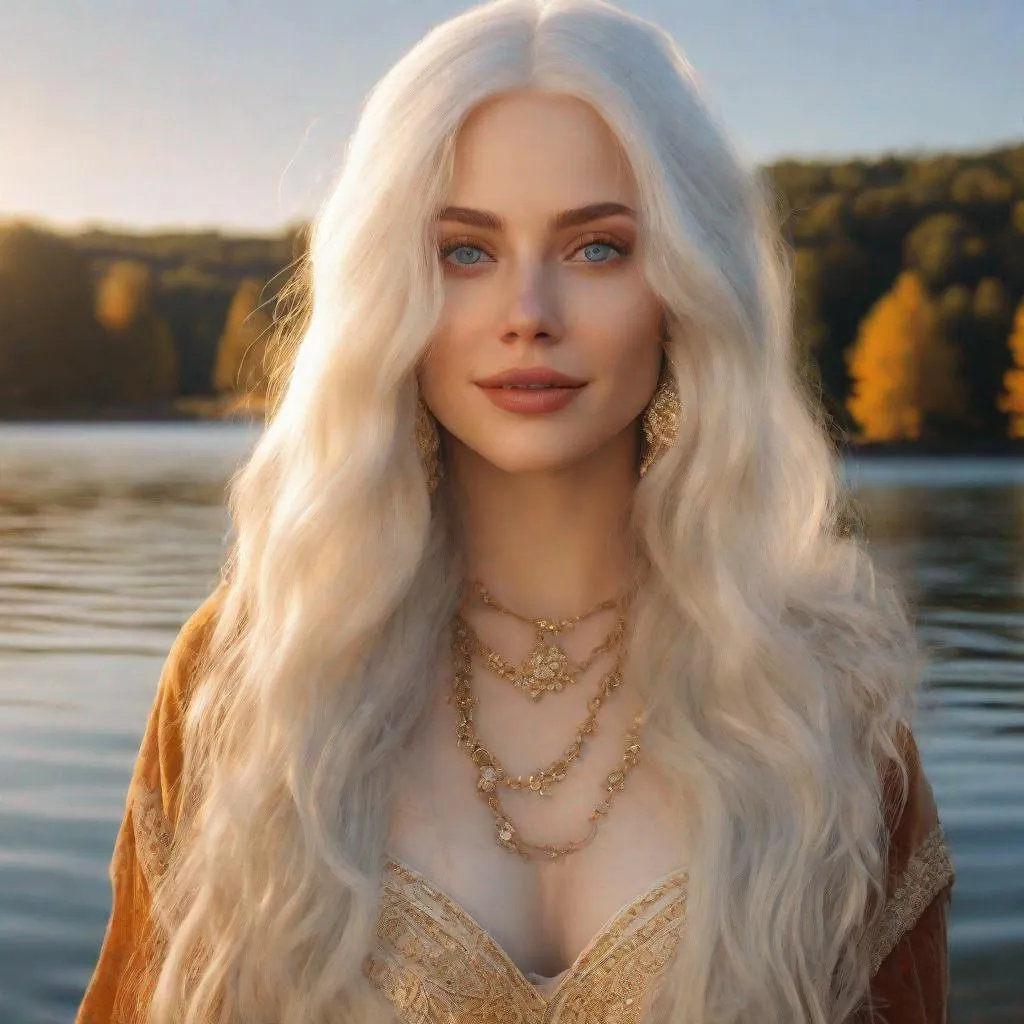 Prompt: beautiful 20 year old women with white hair, white eyebrows, light skin, realistic, ultrarealistic, high quality art, bright eyes, long hair, beauty, real, long hair, symmetrical, anime wide eyes, fair, delicate, medieval, at a lake at a golden hour, happy