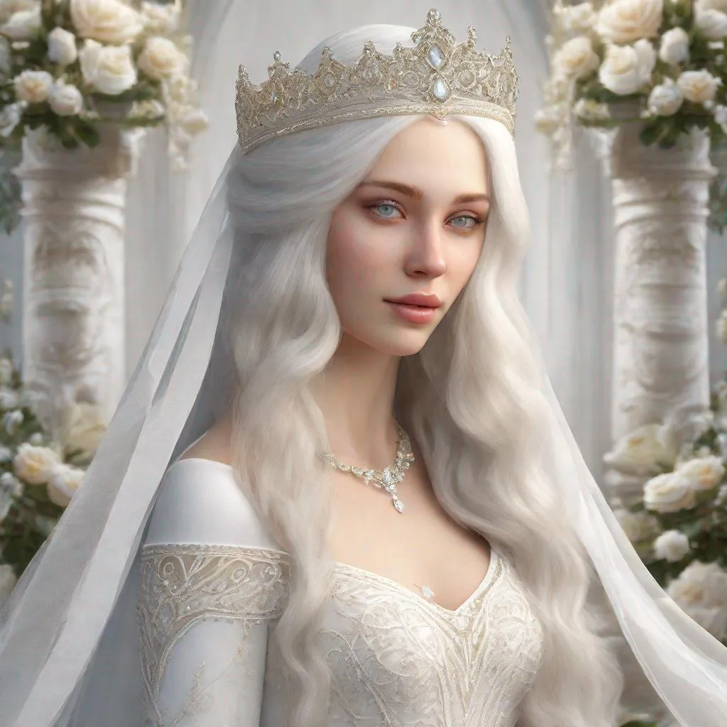 Prompt: beautiful 20 year old women with white hair, white eyebrows, light skin, realistic, ultrarealistic, high quality art, bright eyes, long hair, beauty, real, long hair, symmetrical, anime wide eyes, fair, delicate, medieval, getting married, in a white long dress and a wedding veil, royal