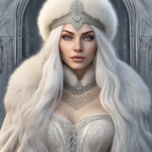 Prompt: beautiful 20 year old women with white hair, white eyebrows, light skin, realistic, ultrarealistic, high quality art, bright eyes, long hair, beauty, real, long hair, symmetrical, anime wide eyes, fair, delicate, medieval, wearing a big fur coat and a fur hat, assassin