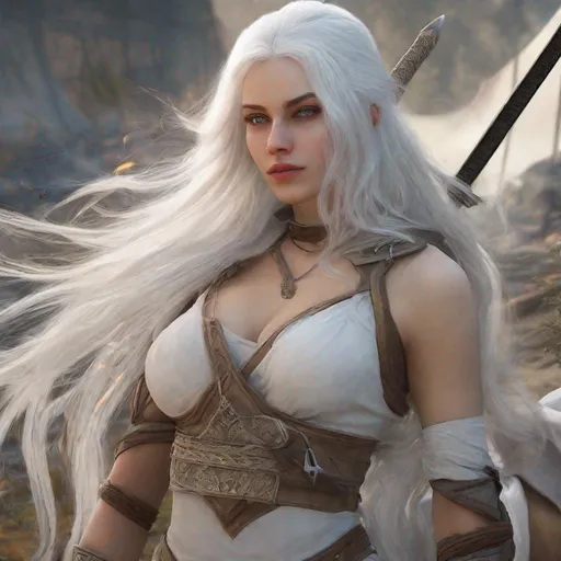 Prompt: beautiful 20 year old women with white hair, white eyebrows, light skin, realistic, ultrarealistic, high quality art, bright eyes, long hair, beauty, real, long hair, symmetrical, anime wide eyes, fair, delicate, medieval, assassin, rouge, two swords behind her back, in a camp