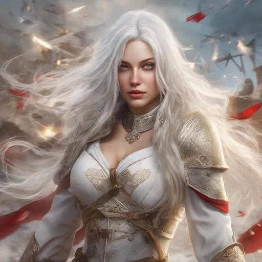 Prompt: beautiful 20 year old women with white hair, white eyebrows, light skin, realistic, ultrarealistic, high quality art, bright eyes, long hair, beauty, real, long hair, symmetrical, anime wide eyes, fair, delicate, medieval, assassin, rouge, in the middle of a battle