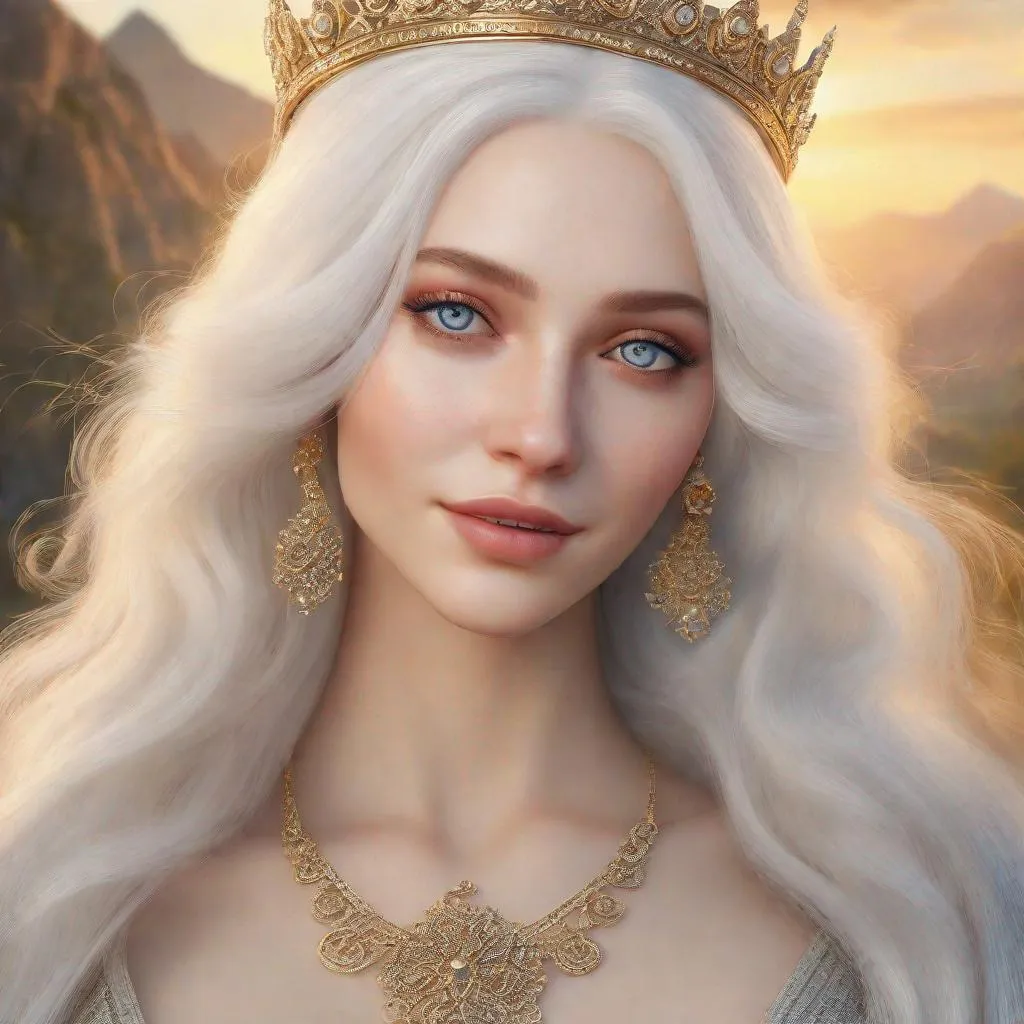 Prompt: beautiful 20 year old women with white hair, white eyebrows, light skin, realistic, ultrarealistic, high quality art, bright eyes, long hair, beauty, real, long hair, symmetrical, anime wide eyes, fair, delicate, medieval, mountain, golden hour, happy