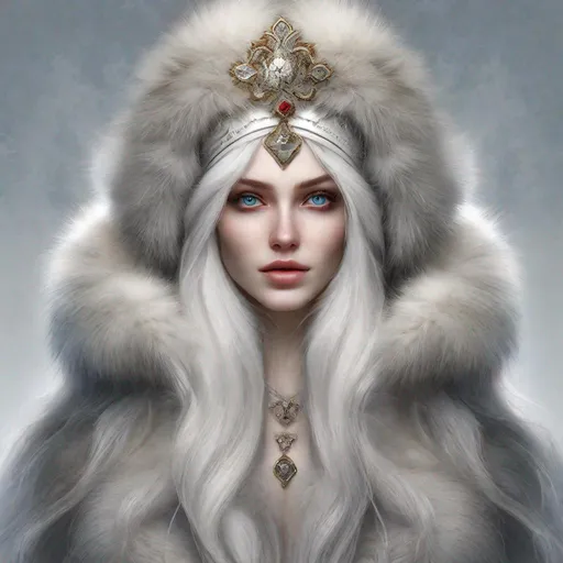 Prompt: beautiful 20 year old women with white hair, white eyebrows, light skin, realistic, ultrarealistic, high quality art, bright eyes, long hair, beauty, real, long hair, symmetrical, anime wide eyes, fair, delicate, medieval, wearing a big fur coat and a fur hat, assassin