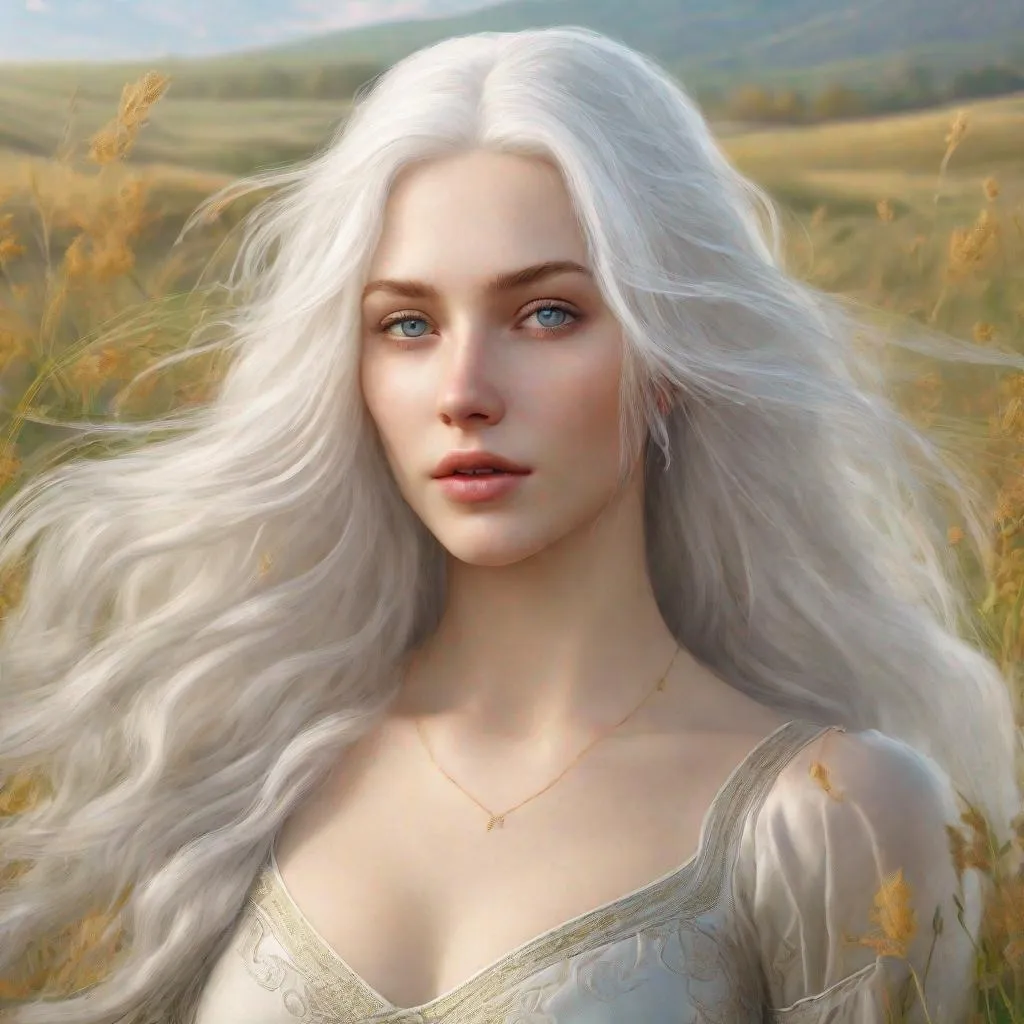 Prompt: beautiful 20 year old women with white hair, white eyebrows, light skin, realistic, ultrarealistic, high quality art, bright eyes, long hair, beauty, real, long hair, symmetrical, anime wide eyes, fair, delicate, medieval, running in a field