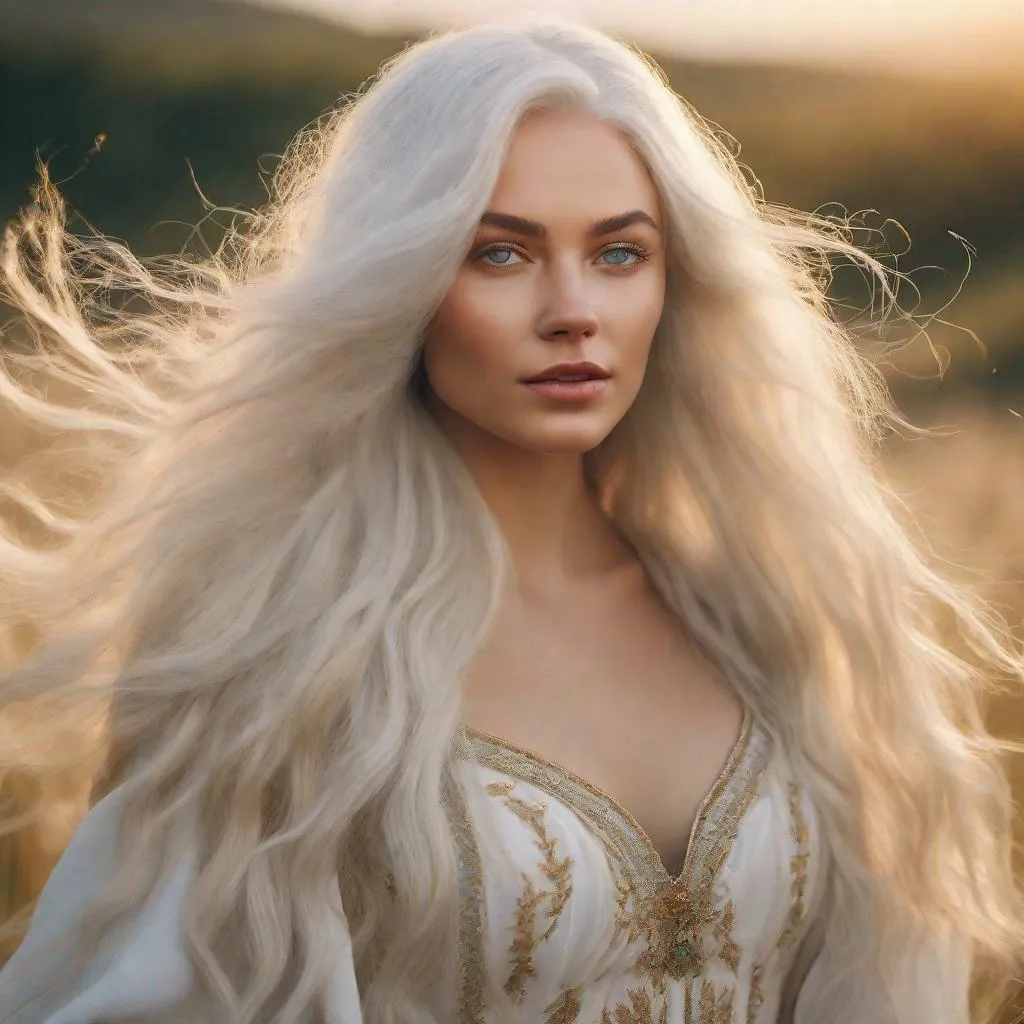 Prompt: beautiful 20 year old women with white hair, white eyebrows, light skin, realistic, ultrarealistic, high quality art, bright eyes, long hair, beauty, real, long hair, symmetrical, anime wide eyes, fair, delicate, medieval, running in a field at golden hour, royal