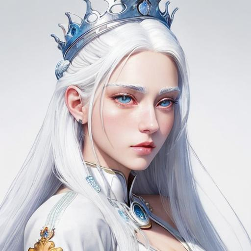 Prompt: beautiful 20 year old women with white hair, white eyebrowns, light skin, small crown on her head, royal, realistic, ultrarealistic, high quality art, bright eyes, medivial, goddess, long hair, royalty, beauty, real, fair, delicate, long hair, symmetrical, anime wide eyes