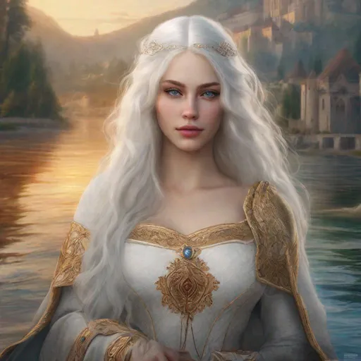 Prompt: beautiful 20 year old women with white hair, white eyebrows, light skin, realistic, ultrarealistic, high quality art, bright eyes, long hair, beauty, real, long hair, symmetrical, anime wide eyes, fair, delicate, standing on the water, medieval, royal