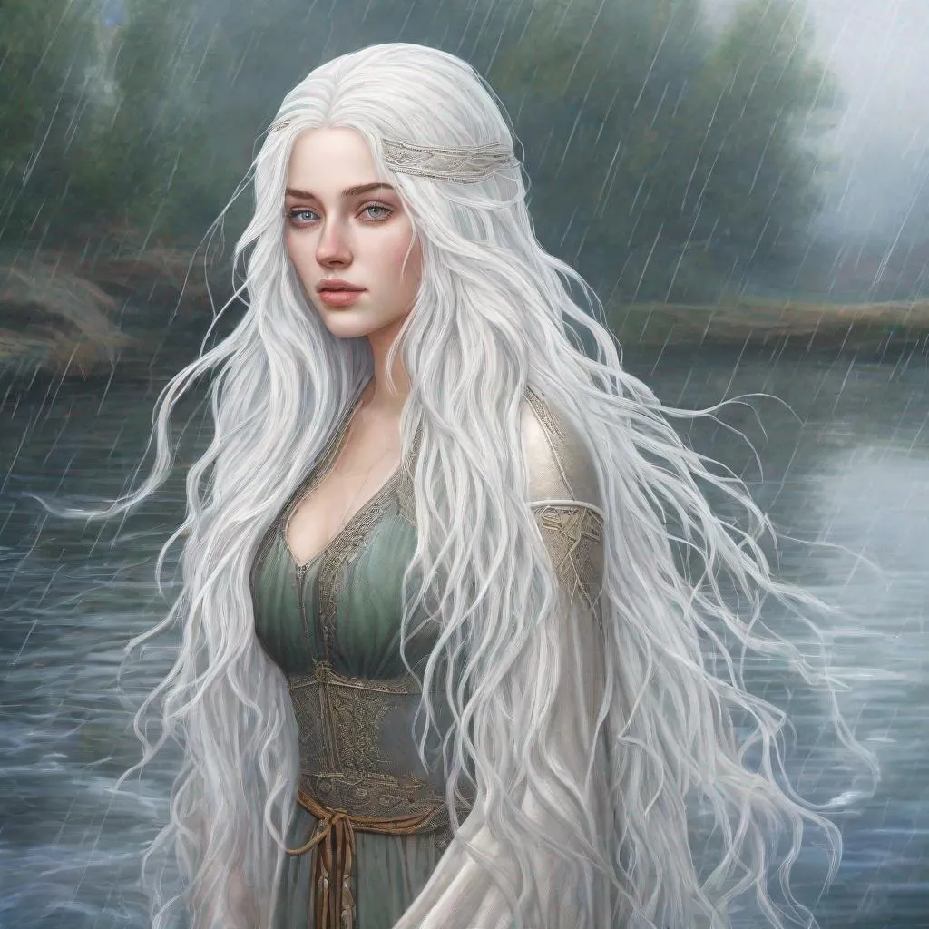 Prompt: beautiful 20 year old women with white hair, white eyebrows, light skin, realistic, ultrarealistic, high quality art, bright eyes, long hair, beauty, real, long hair, symmetrical, anime wide eyes, fair, delicate, medieval, standing in a rain on a river