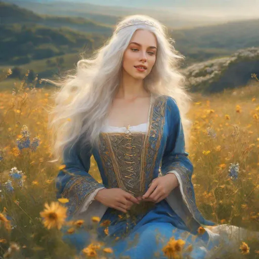 Prompt: beautiful 20 year old women with white hair, white eyebrows, light skin, realistic, ultrarealistic, high quality art, bright eyes, long hair, beauty, real, long hair, symmetrical, anime wide eyes, fair, delicate, medieval, happy, running on a meadow, golden hour, flowers in her hair, blue, moving