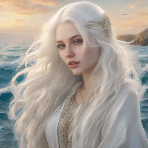 Prompt: beautiful 20 year old women with white hair, white eyebrows, light skin, realistic, ultrarealistic, high quality art, bright eyes, long hair, beauty, real, long hair, symmetrical, anime wide eyes, fair, delicate, on the sea, medivial