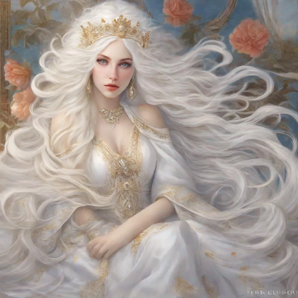 Prompt: beautiful 20 year old women with white hair, white eyebrowns, light skin, royal, realistic, ultrarealistic, high quality art, bright eyes, medivial, goddess, long hair, royalty, beauty, real, fair, delicate, long hair, symmetrical, anime wide eyes