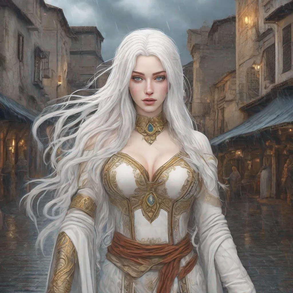 Prompt: beautiful 20 year old women with white hair, white eyebrows, light skin, realistic, ultrarealistic, high quality art, bright eyes, long hair, beauty, real, long hair, symmetrical, anime wide eyes, fair, delicate, medieval, standing in a rain on a street of an ancient city