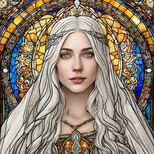 Prompt: beautiful 20 year old women with white hair, white eyebrows, light skin, realistic, ultrarealistic, high quality art, bright eyes, long hair, beauty, real, long hair, symmetrical, anime wide eyes, fair, delicate, medieval, stained glass behind her
