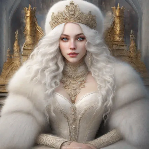 Prompt: beautiful 20 year old women with white hair, white eyebrows, light skin, realistic, ultrarealistic, high quality art, bright eyes, long hair, beauty, real, long hair, symmetrical, anime wide eyes, fair, delicate, medieval, wearing a big fur coat and a fur hat, royal