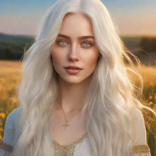 Prompt: beautiful 20 year old women with white hair, white eyebrows, light skin, realistic, ultrarealistic, high quality art, bright eyes, long hair, beauty, real, long hair, symmetrical, anime wide eyes, fair, delicate, medieval, running in a field at golden hour
